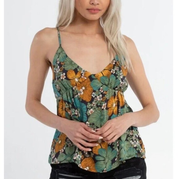 NWT Volcom Size M Cami Tank Top Floral Flowy Back Tie Boho Casual Beachy - Picture 1 of 12